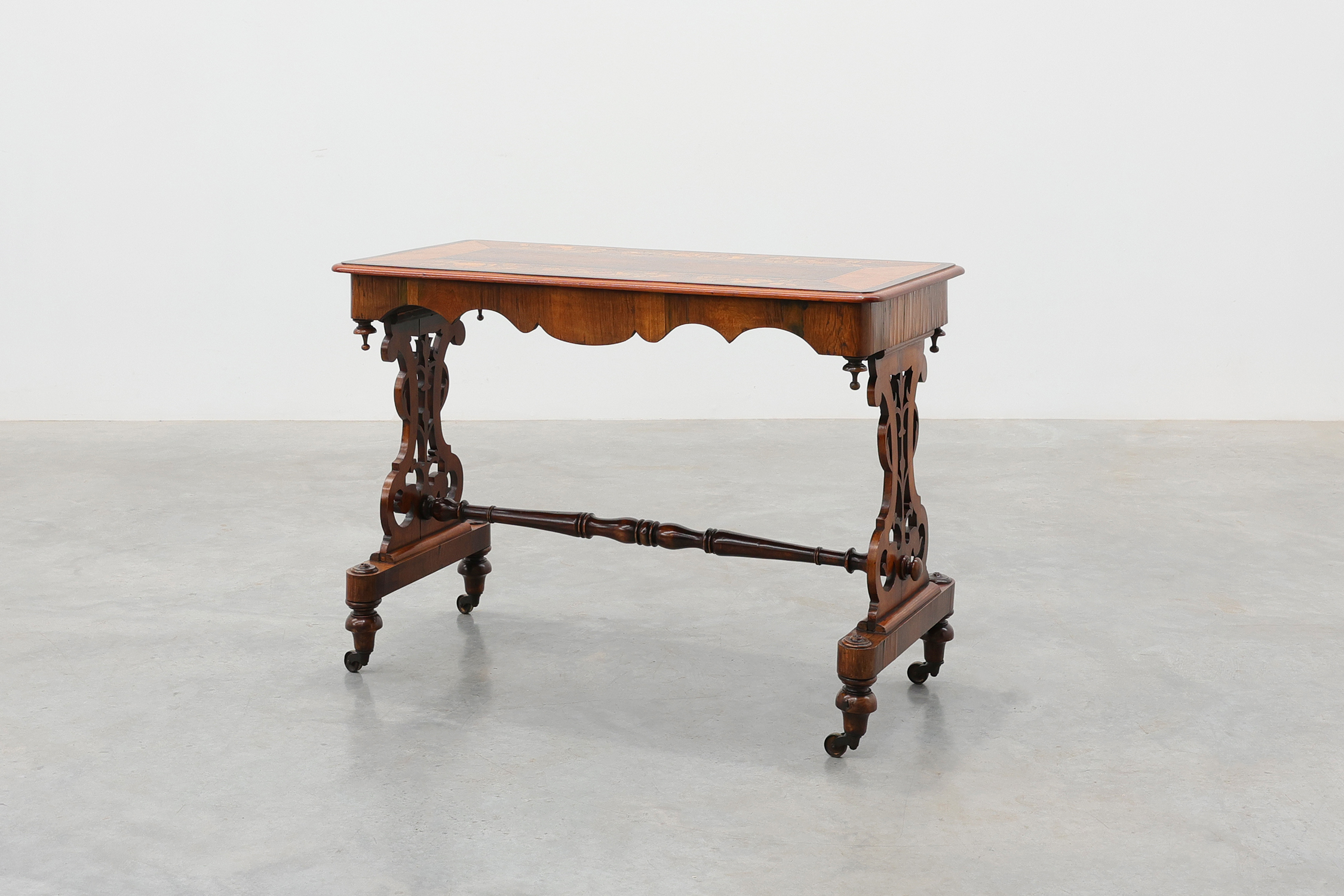 Victorian Walnut Side Table with Inlaid Top and Pierced Scroll Ends, England, circa 1870thumbnail